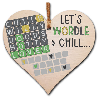 The Plum Penguin Handmade Wooden Hanging Heart Plaque Gift Lets Wordle and Chill Funny Rude Play on Words Boyfriend Girlfriend