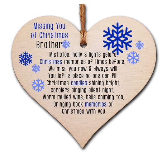 The Plum Penguin Handmade Wooden Christmas Hanging Heart Plaque Gift Missing you at Xmas Brother sentimental rememberance present tree decoration snowflake lost loved ones