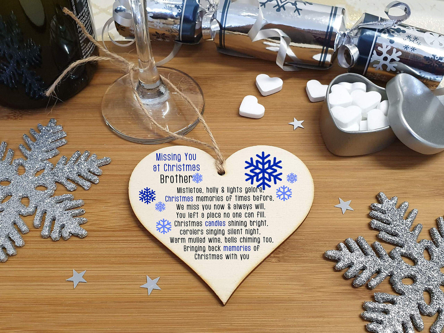 The Plum Penguin Handmade Wooden Christmas Hanging Heart Plaque Gift Missing you at Xmas Brother sentimental rememberance present tree decoration snowflake lost loved ones