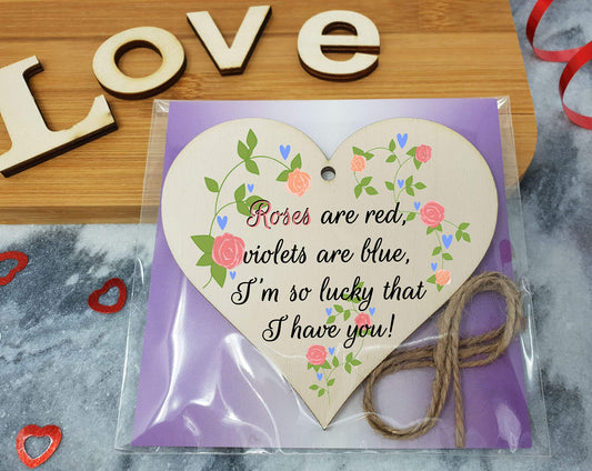 Handmade Wooden Hanging Heart Plaque Valentine's Gift Roses are red I'm lucky I have you sweet floral design gift for someone special boyfriend girlfriend husband wife cute romantic keepsake
