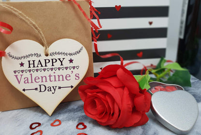 The Plum Penguin Handmade Wooden Hanging Heart Plaque Valentine's Gift Happy Valentines Day simple boho chic design gift for someone special boyfriend girlfriend husband wife romantic keepsake