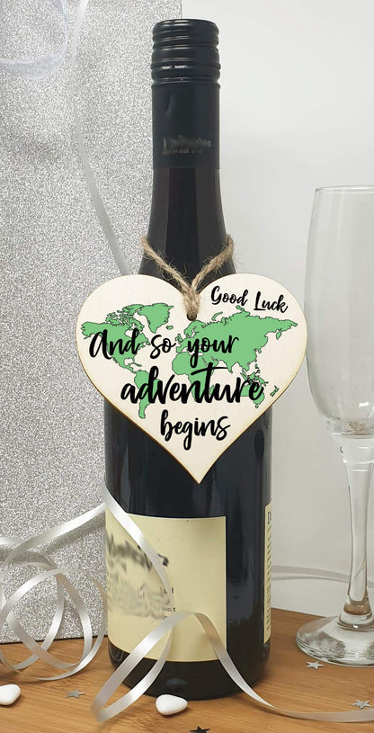 The Plum Penguin Handmade Wooden Hanging Heart Plaque Gift Adventure Begins Inspirational Motivational World Explorer Wilderness Design