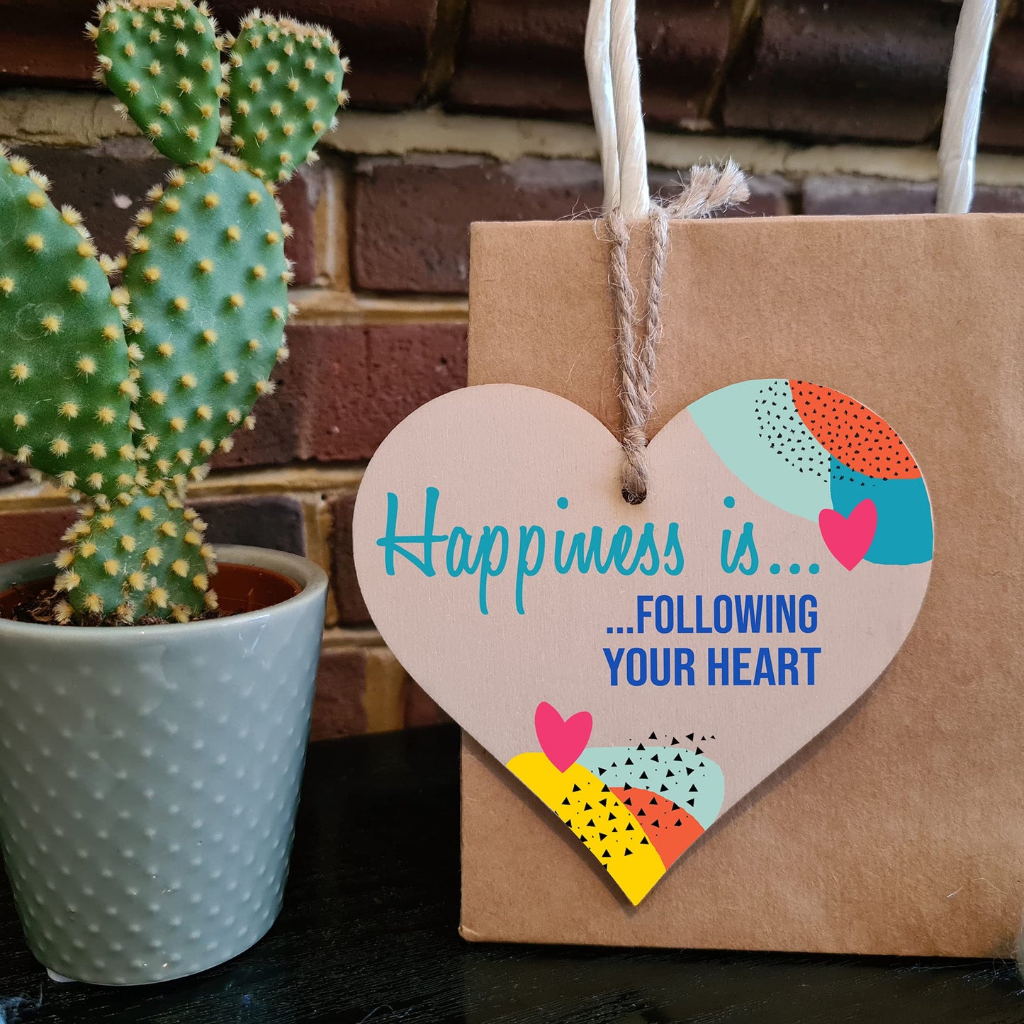 The Plum Penguin Handmade Wooden Hanging Heart Plaque Gift Happiness is Following Your Heart Inspirational Wall Hanger Card Alternative Friendship Family