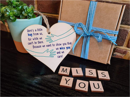 The Plum Penguin Handmade Wooden Hanging Heart Plaque Gift a little hug from us to show you we care miss you long distance wall hanger cute rainbow design for family friends grandparents