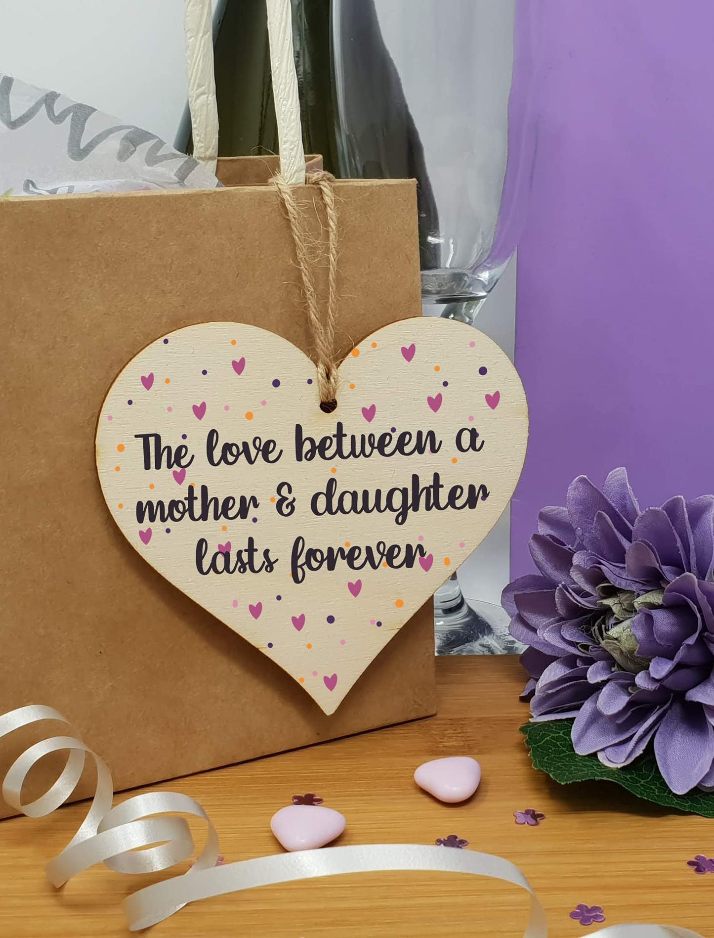 The Plum Penguin Handmade Wooden Hanging Heart Plaque Gift Love Between Mother Daughter Forever Present Friendship Thoughtful Wall Hanger