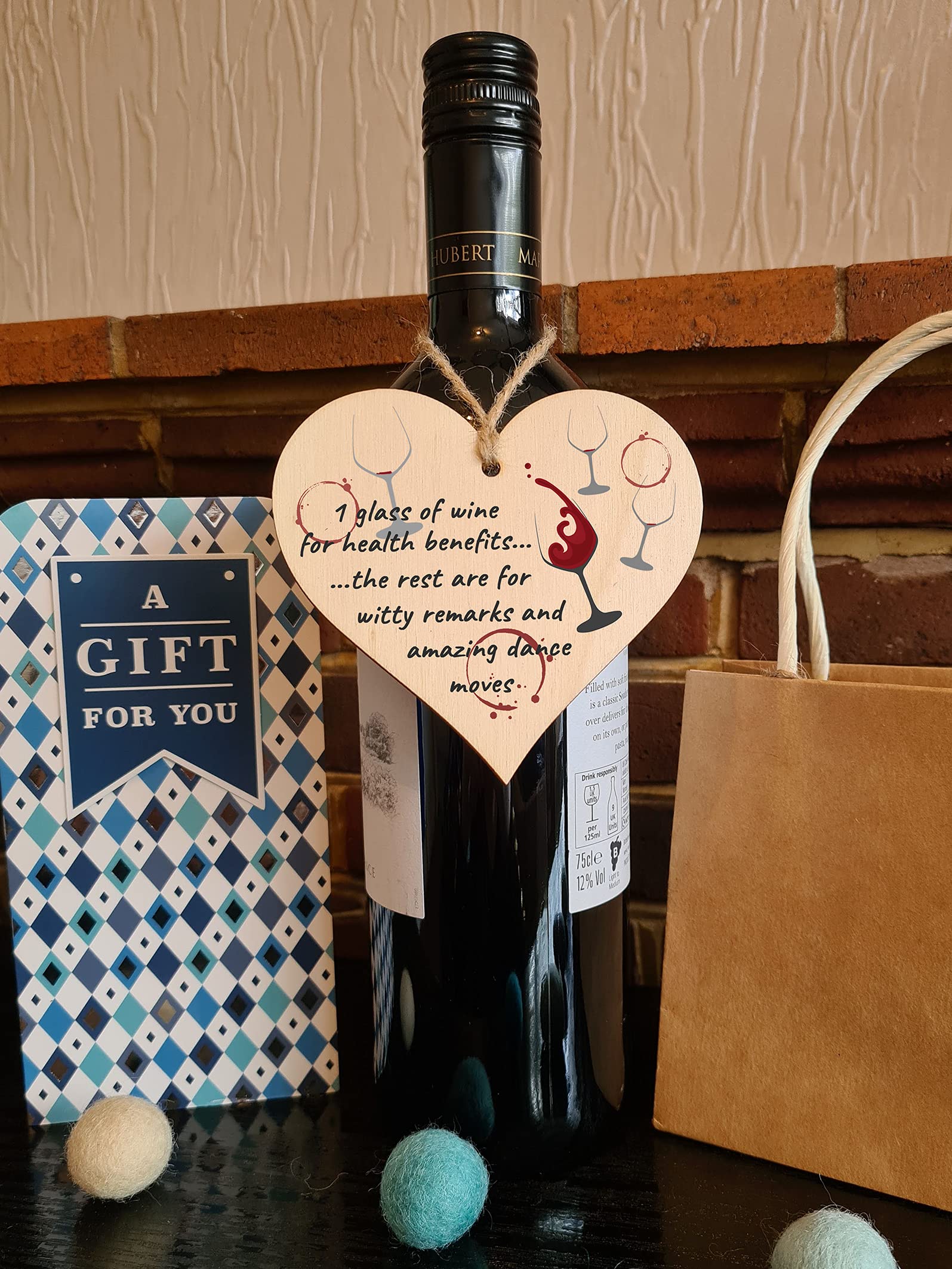 The Plum Penguin Handmade Wooden Hanging Heart Plaque Gift Wine Glass Dance Moves Funny Novelty Card Alternative Wall Hanger Bottle Decoration