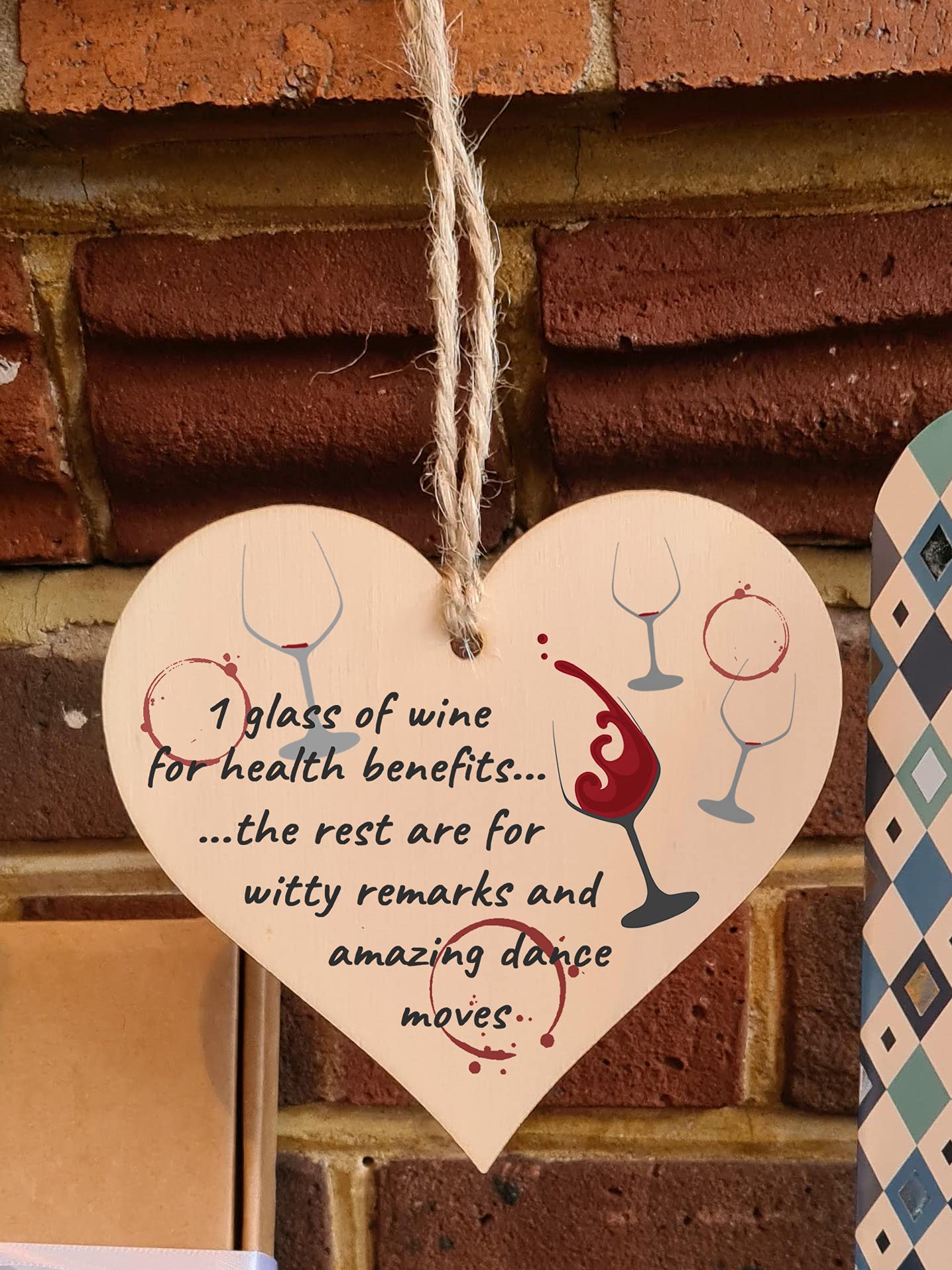 The Plum Penguin Handmade Wooden Hanging Heart Plaque Gift Wine Glass Dance Moves Funny Novelty Card Alternative Wall Hanger Bottle Decoration