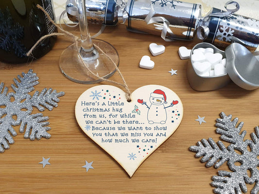 The Plum Penguin Handmade Wooden Hanging Heart Plaque Christmas Tree Bauble A Little Hug While We Can't Be There Card Alternative Long Distance Family Friends