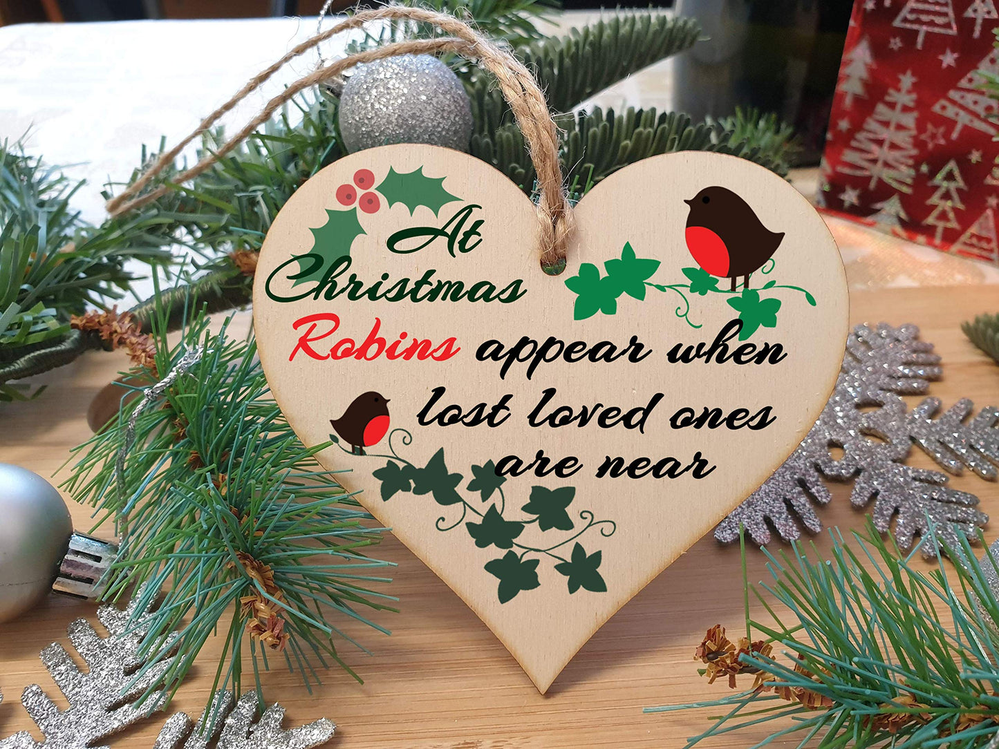 The Plum Penguin Handmade Wooden Christmas Hanging Heart Plaque Gift Robins appear when loved ones are near sentimental gift of rememberance