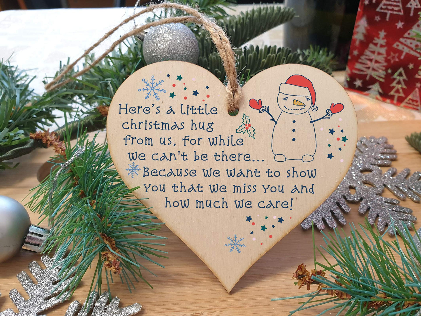The Plum Penguin Handmade Wooden Hanging Heart Plaque Christmas Tree Bauble A Little Hug While We Can't Be There Card Alternative Long Distance Family Friends