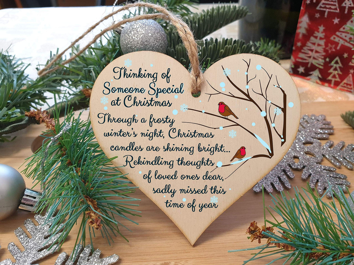 The Plum Penguin Handmade Wooden Christmas Hanging Heart Plaque Gift Thing of someone special sentimental missing you rememberance lost loved ones tree decoration
