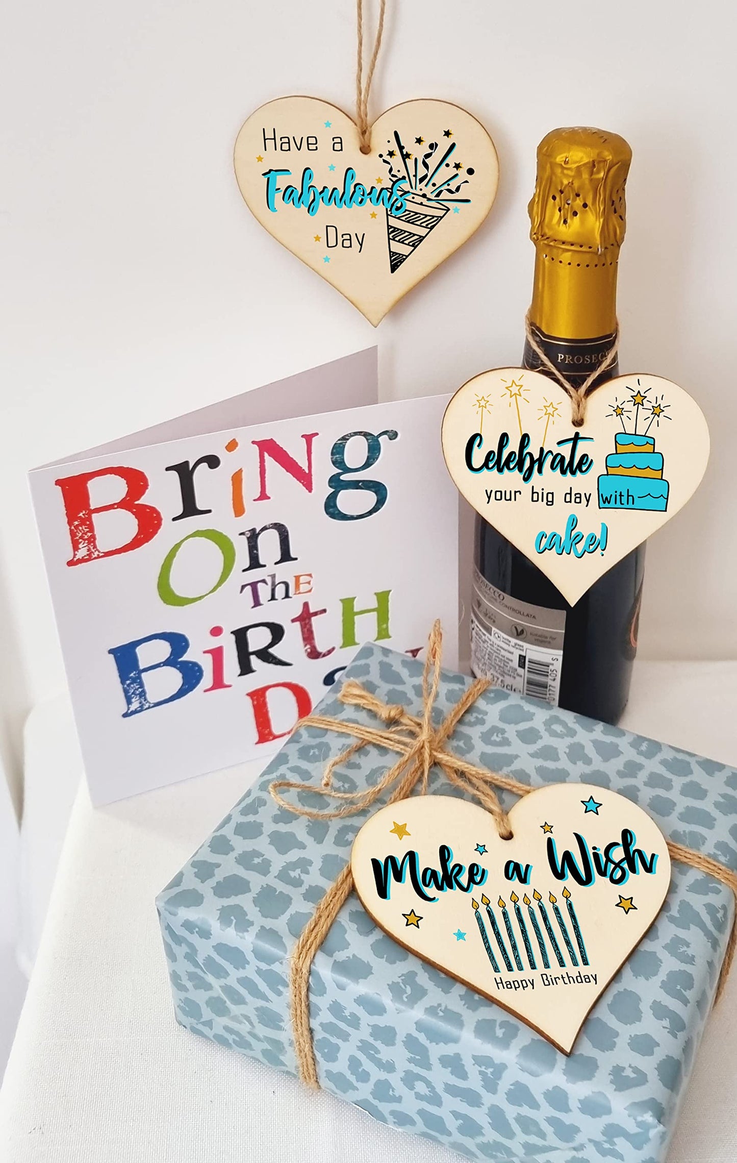 Set of 3 Hanging Decorations Wooden Hearts Happy Birthday Card Alternative | Celebrate in Style | Make a Wish | Have a Fabulous Day