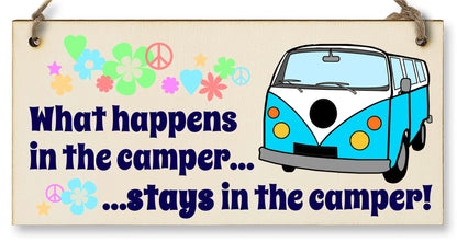 Handmade Wooden Hanging Wall Plaque What Happens in the Camper Fun Retro Camping Adventure Sign