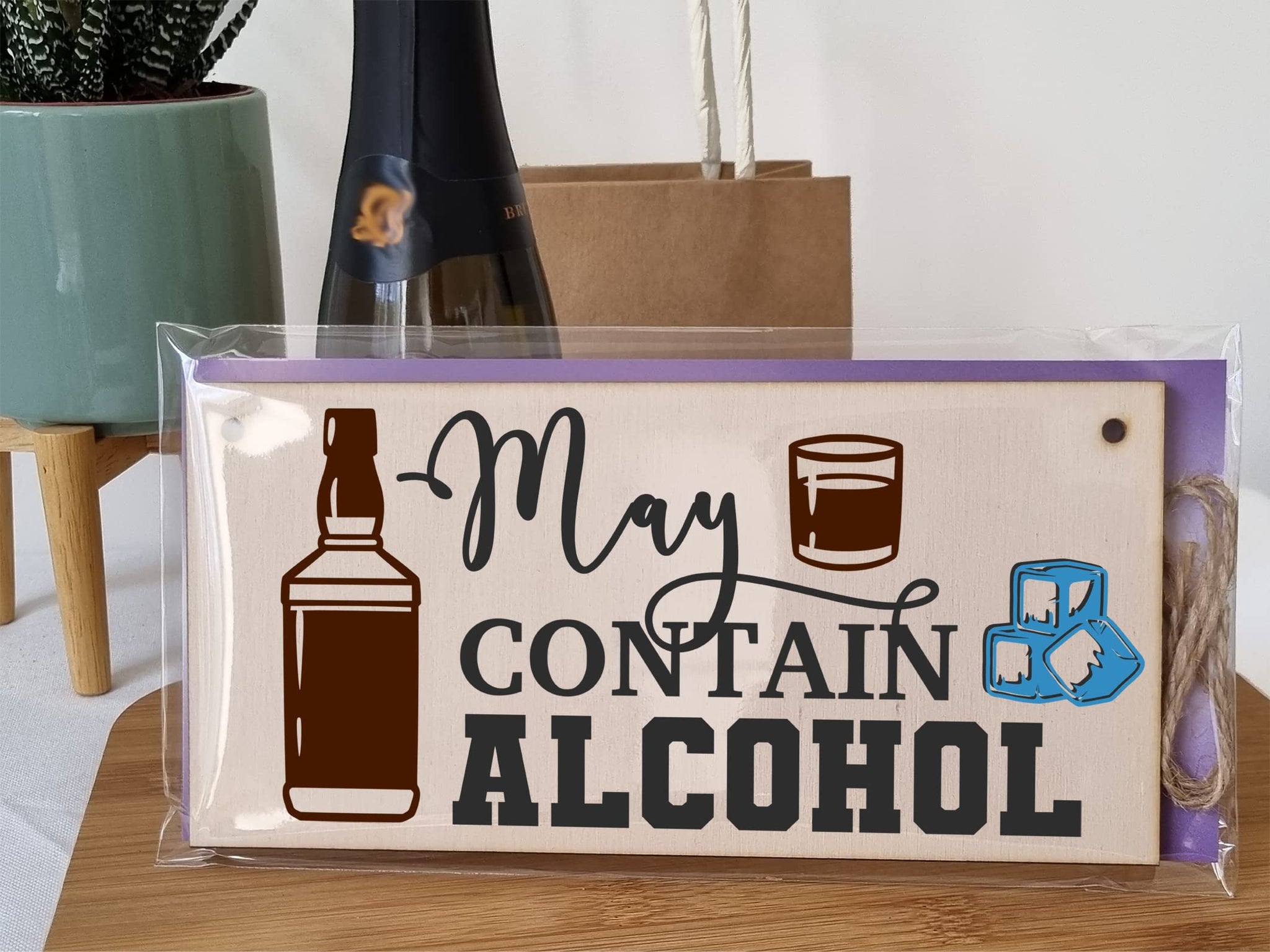 The Plum Penguin May Contain Alcohol Funny Novelty Handmade Wooden Hanging Wall Plaque Gift Home Bar Man Cave Sign Decoration