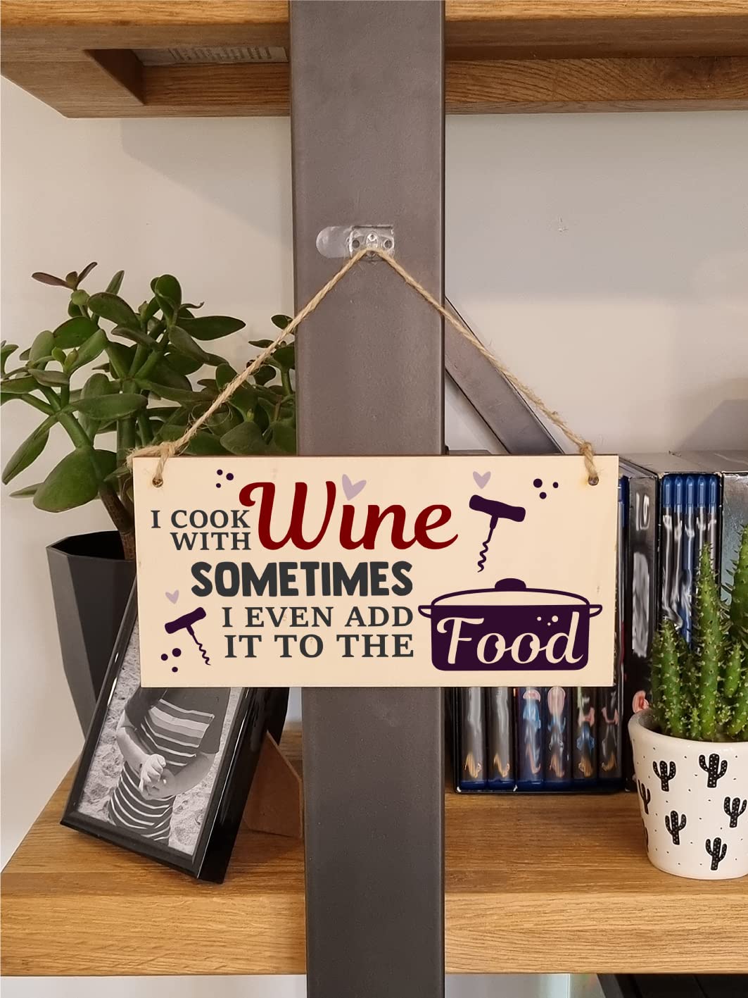 The Plum Penguin I Cook With Wine Funny Novelty Handmade Wooden Hanging Wall Plaque Gift Kitchen Home Bar Sign Decoration