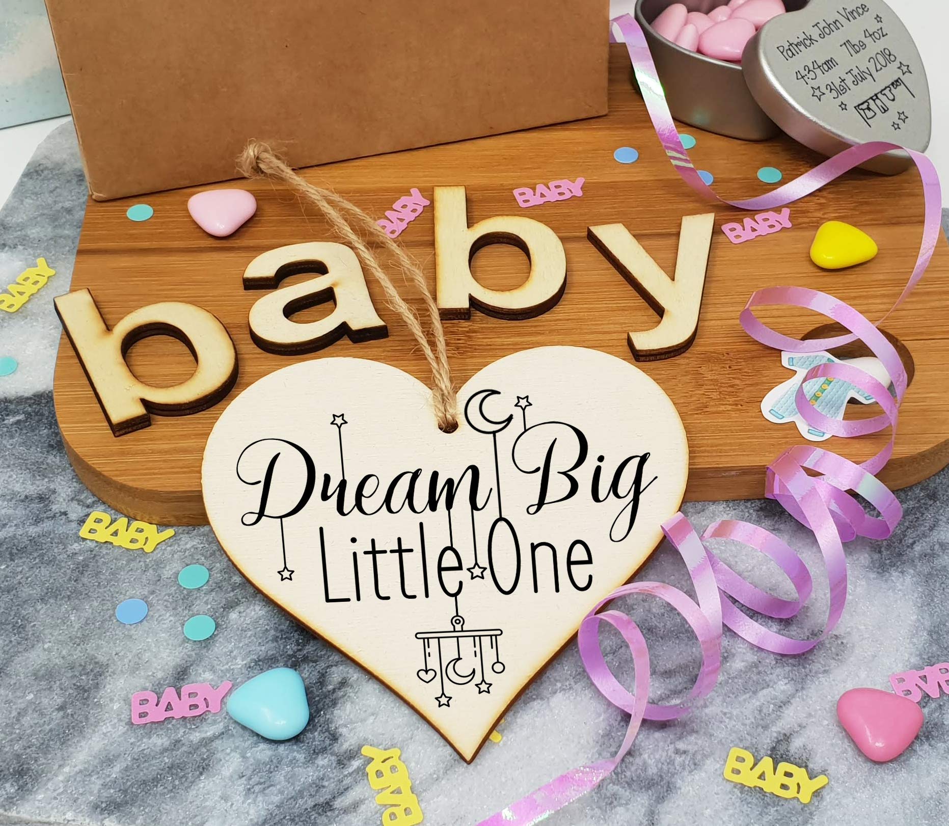 The Plum Penguin Handmade Wooden Hanging Heart Plaque Gift Dream Big Little One new baby present nursery wall decoration new parents