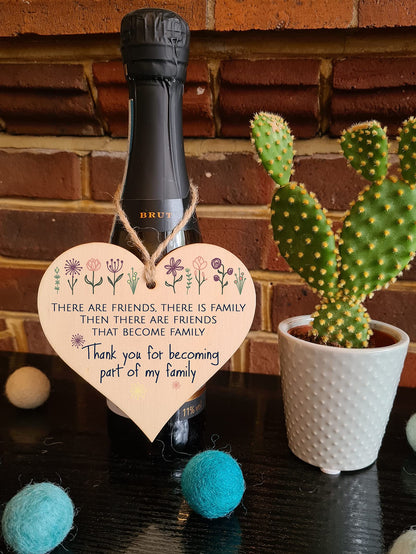 The Plum Penguin Handmade Wooden Hanging Heart Plaque Gift Friends Become Family Thank You Inspirational Wall Hanger Card Alternative Friendship Family