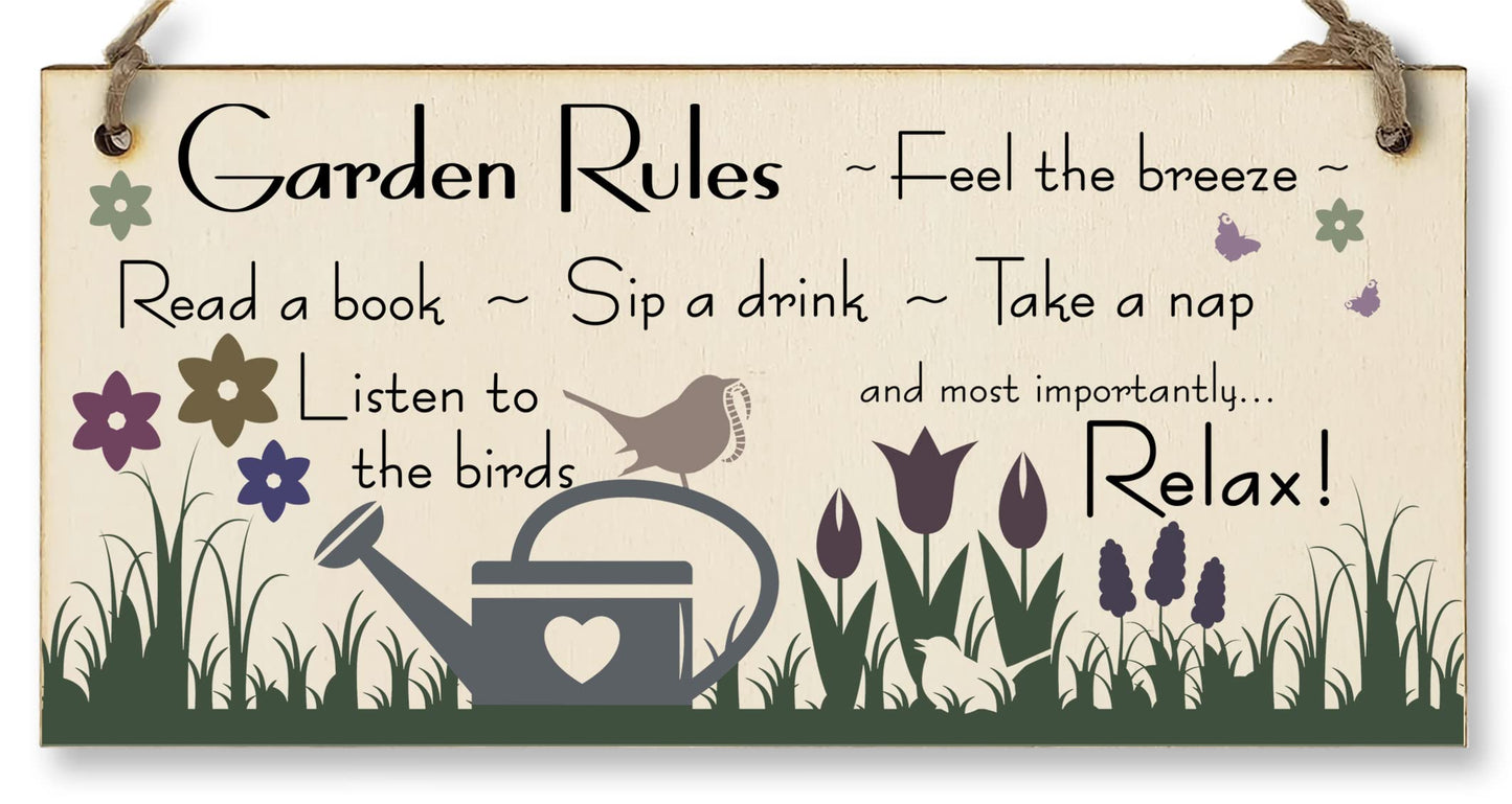 Handmade Wooden Hanging Wall Plaque Garden Rules Relax Feel the Breeze Take a Nap Pretty Sign for Gardeners