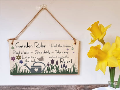 Handmade Wooden Hanging Wall Plaque Garden Rules Relax Feel the Breeze Take a Nap Pretty Sign for Gardeners