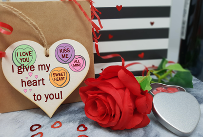 Handmade Wooden Hanging Heart Plaque Valentine's Gift I Give My Heart To You Love Hearts sweets novelty gift for someone special boyfriend girlfriend husband wife funny romantic keepsake