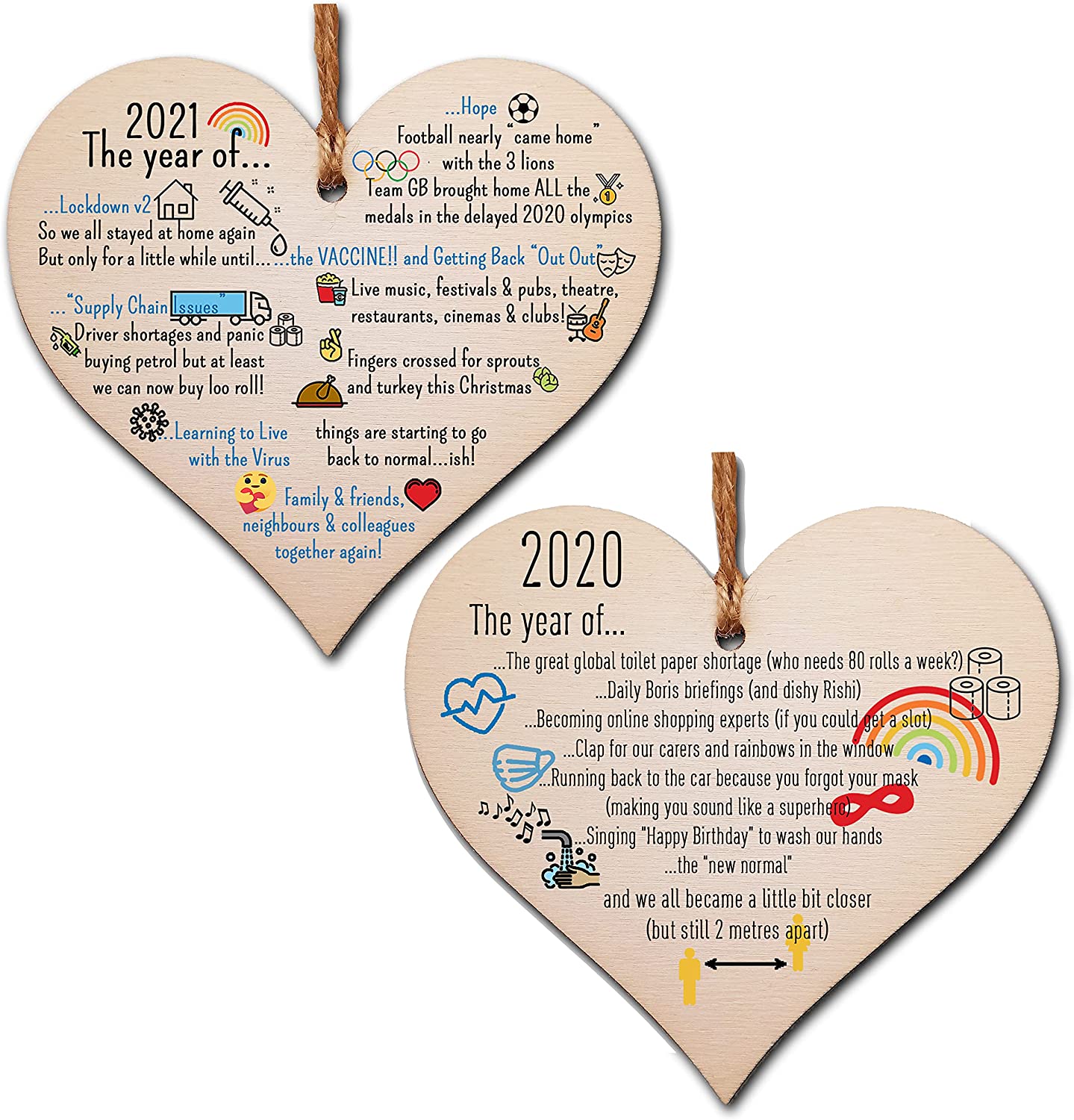 Pack of 2 Handmade Wooden Hanging Heart Plaques 2020 2021 Year of Hope Lockdown Funny Celebration Wall Hanger Keepsake Decoration for Family Friends