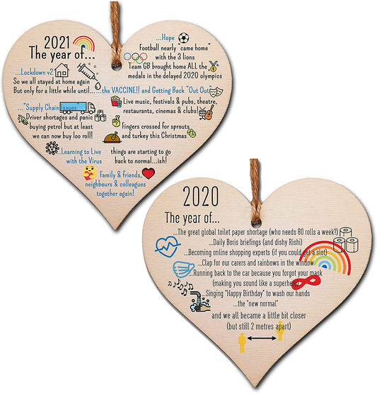 Pack of 2 Handmade Wooden Hanging Heart Plaques 2020 2021 Year of Hope Lockdown Funny Celebration Wall Hanger Keepsake Decoration for Family Friends