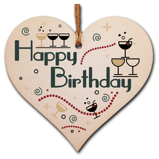 Happy Birthday Art Deco Chic Style Champagne Party Hanging Heart Wooden Decoration Gift Card Alternative