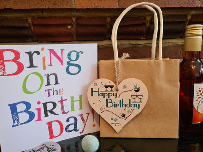 Happy Birthday Art Deco Chic Style Champagne Party Hanging Heart Wooden Decoration Gift Card Alternative
