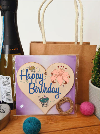 Happy Birthday Floral Rustic Style Party Hanging Heart Wooden Decoration Gift Card Alternative Women Mums