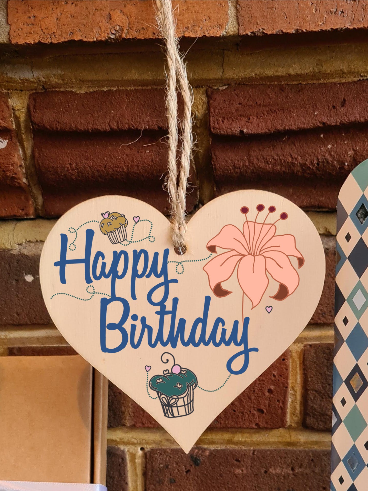 Happy Birthday Floral Rustic Style Party Hanging Heart Wooden Decoration Gift Card Alternative Women Mums