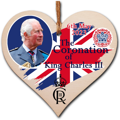 King Charles III Coronation Hanging Wooden Heart 6th May 2023 Decorations Celebration Party Bunting Alternative Keepsake Royal Memorabilia