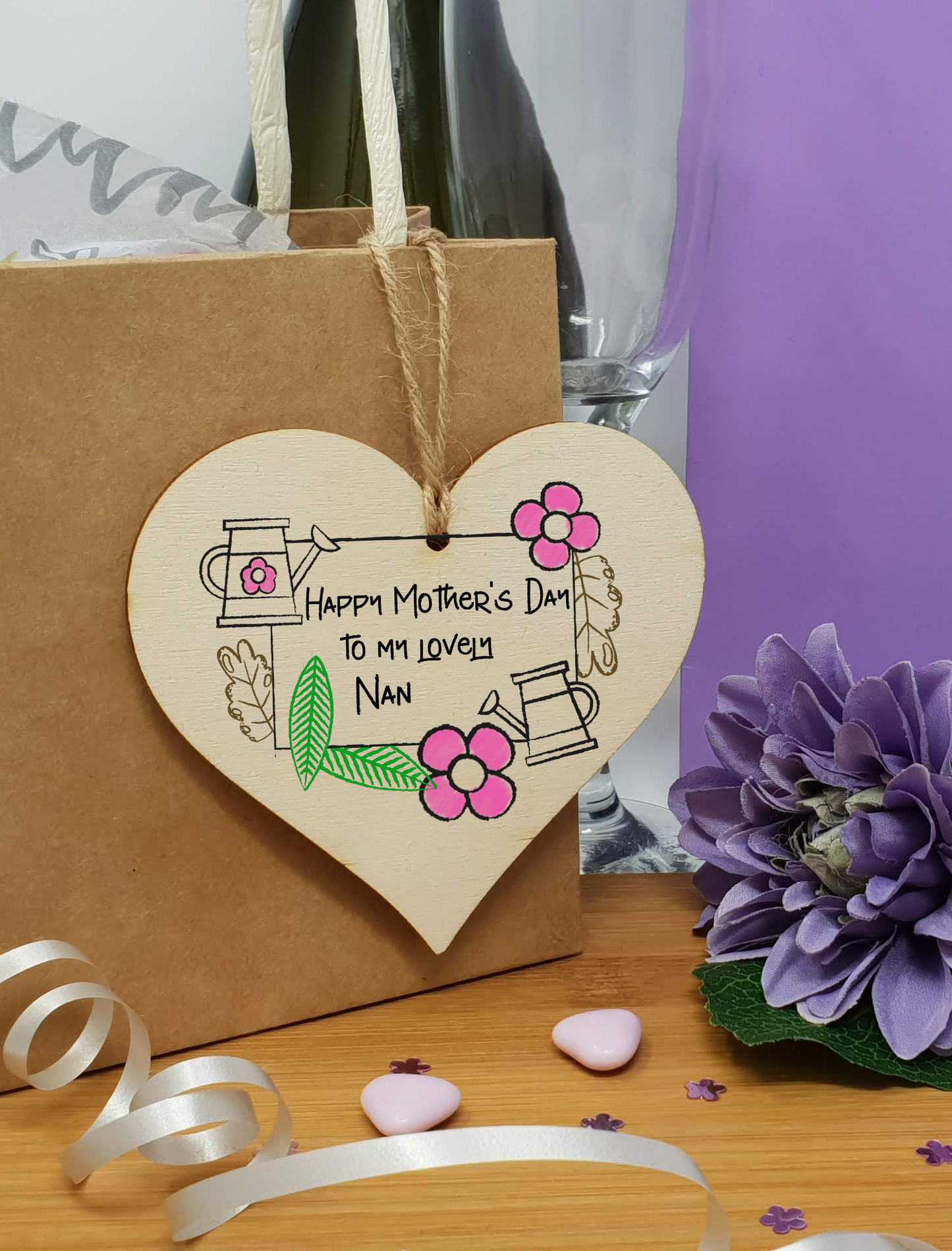 Handmade Wooden Hanging Heart Plaque Mother's Day Gift perfect for lovely Nans special keepsake card alternative from grandchildren gardening flowers wall hanger for special grandparent