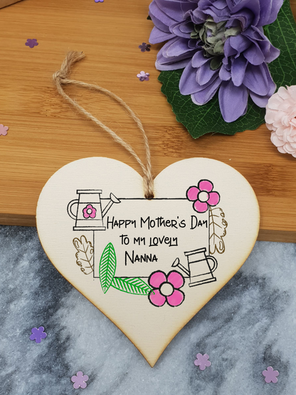 Handmade Wooden Hanging Heart Plaque Mother's Day Gift perfect for lovely Nannas special keepsake card alternative from grandchildren gardening flowers wall hanger for special grandparent