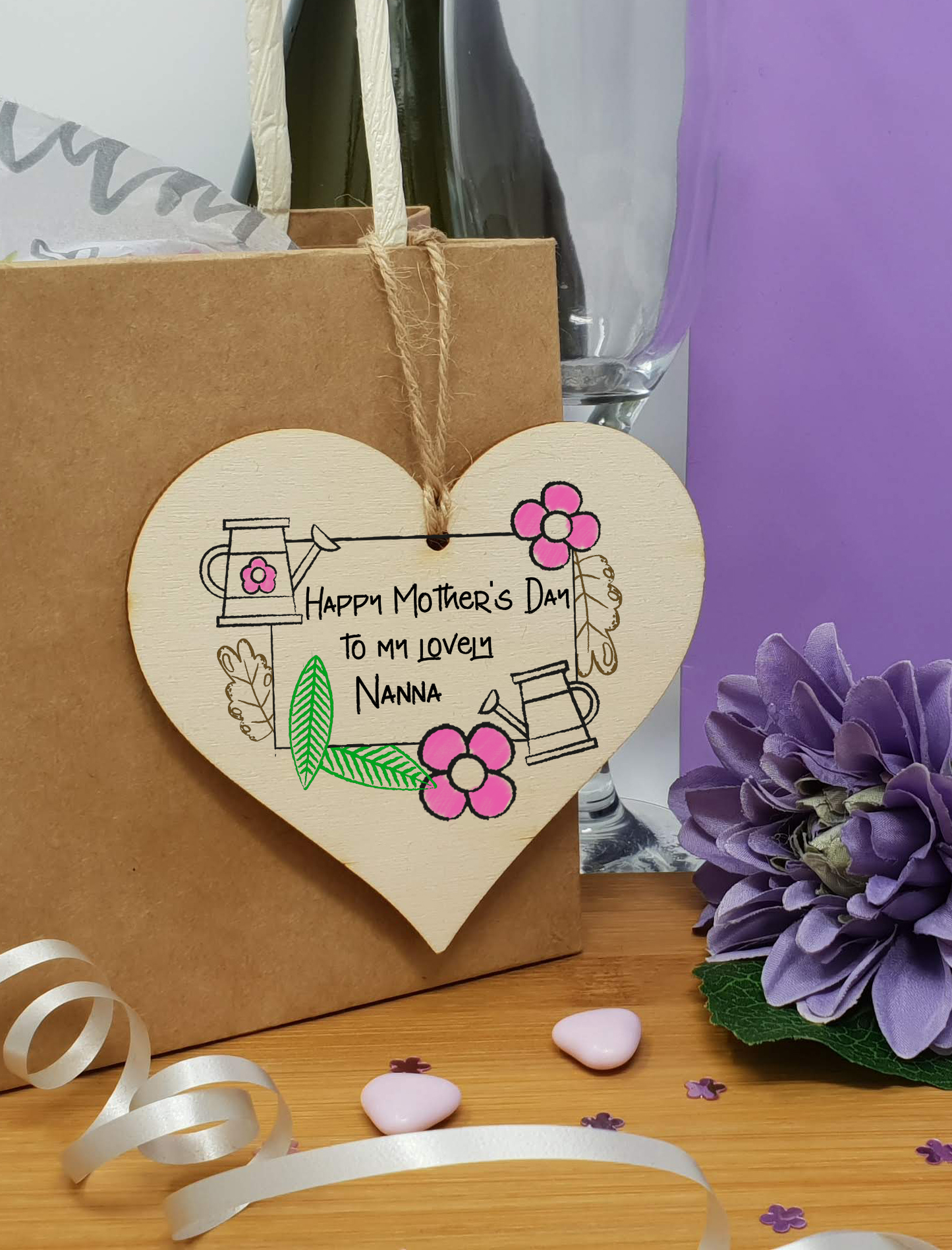Handmade Wooden Hanging Heart Plaque Mother's Day Gift perfect for lovely Nannas special keepsake card alternative from grandchildren gardening flowers wall hanger for special grandparent