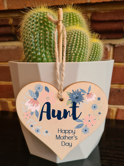 Handmade Wooden Hanging Heart Plaque Mother's Day Gift perfect for Aunt stylish floral celebration card alternative from niece nephew beautiful thoughtful keepsake