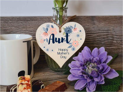 Handmade Wooden Hanging Heart Plaque Mother's Day Gift perfect for Aunt stylish floral celebration card alternative from niece nephew beautiful thoughtful keepsake