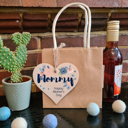 Handmade Wooden Hanging Heart Plaque Mother's Day Gift perfect for Mommy stylish floral celebration card alternative from daughter son children beautiful thoughtful keepsake