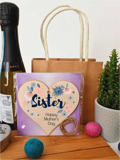 Handmade Wooden Hanging Heart Plaque Mother's Day Gift perfect for Sister stylish floral celebration card alternative from sister beautiful thoughtful keepsake