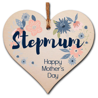Handmade Wooden Hanging Heart Plaque Mother's Day Gift perfect for Stepmum stylish floral celebration card alternative from step daughter son children beautiful thoughtful keepsake