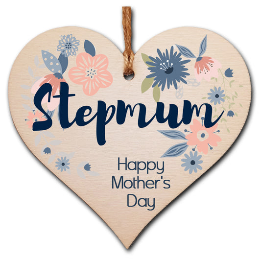 Handmade Wooden Hanging Heart Plaque Mother's Day Gift perfect for Stepmum stylish floral celebration card alternative from step daughter son children beautiful thoughtful keepsake