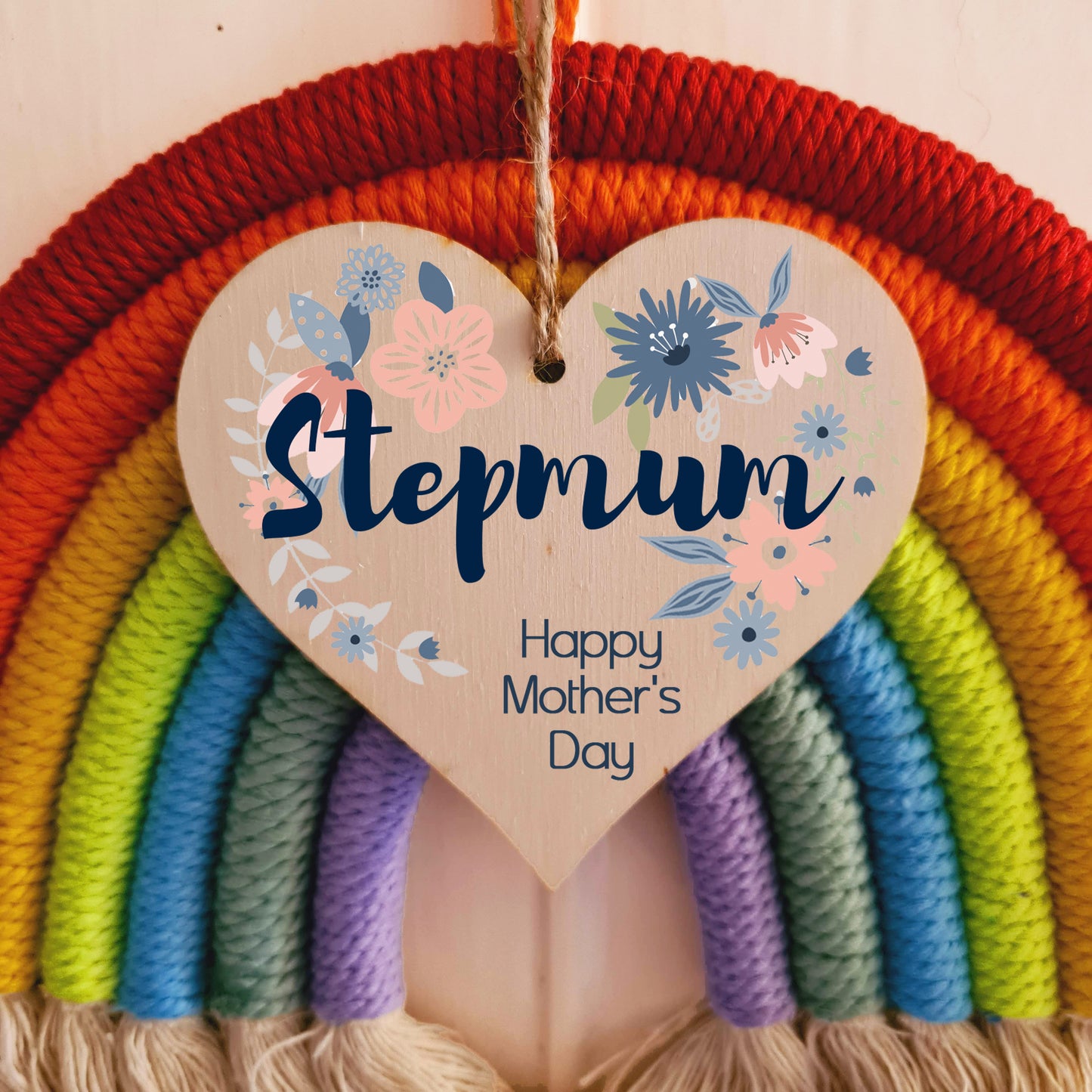 Handmade Wooden Hanging Heart Plaque Mother's Day Gift perfect for Stepmum stylish floral celebration card alternative from step daughter son children beautiful thoughtful keepsake
