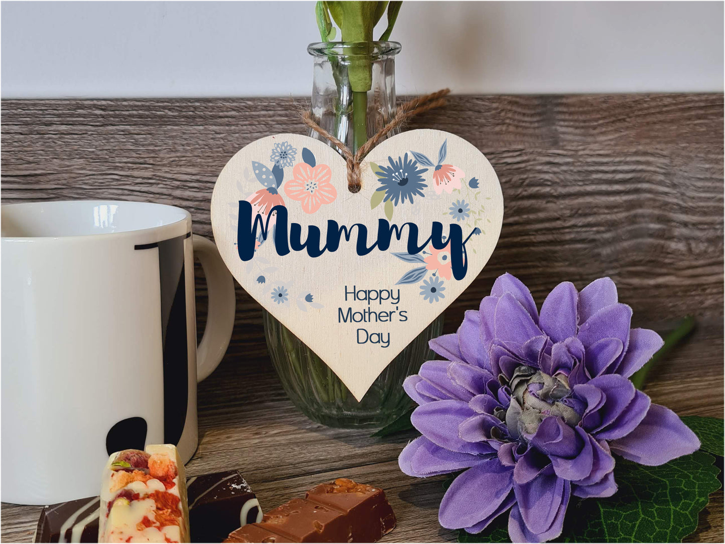 Handmade Wooden Hanging Heart Plaque Mother's Day Gift perfect for Mummy stylish floral celebration card alternative from daughter son children beautiful thoughtful keepsake