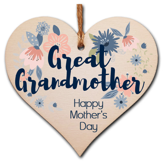 Handmade Wooden Hanging Heart Plaque Mother's Day Gift perfect for Great Grandmother stylish floral celebration card alternative from grandchildren beautiful thoughtful keepsake