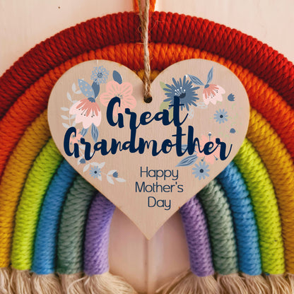 Handmade Wooden Hanging Heart Plaque Mother's Day Gift perfect for Great Grandmother stylish floral celebration card alternative from grandchildren beautiful thoughtful keepsake