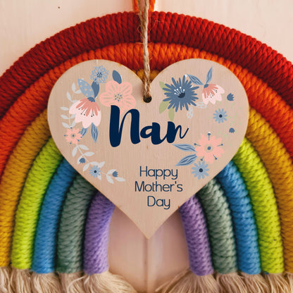 Handmade Wooden Hanging Heart Plaque Mother's Day Gift perfect for Nan stylish floral celebration card alternative from grandchildren beautiful thoughtful keepsake