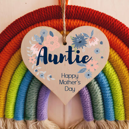Handmade Wooden Hanging Heart Plaque Mother's Day Gift perfect for Auntie stylish floral celebration card alternative from niece nephew beautiful thoughtful keepsake