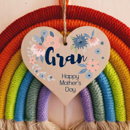 Handmade Wooden Hanging Heart Plaque Mother's Day Gift perfect for Gran stylish floral celebration card alternative from grandchildren beautiful thoughtful keepsake