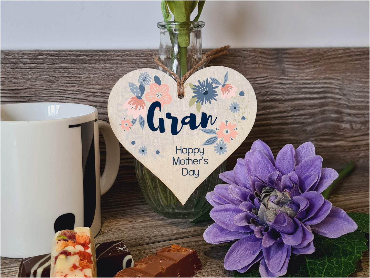 Handmade Wooden Hanging Heart Plaque Mother's Day Gift perfect for Gran stylish floral celebration card alternative from grandchildren beautiful thoughtful keepsake