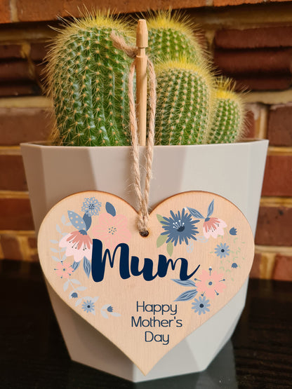 Handmade Wooden Hanging Heart Plaque Mother's Day Gift perfect for Mum stylish floral celebration card alternative from daughter son children beautiful thoughtful keepsake