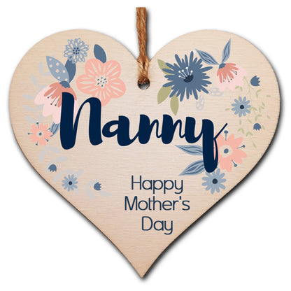 Handmade Wooden Hanging Heart Plaque Mother's Day Gift perfect for Nanny stylish floral celebration card
